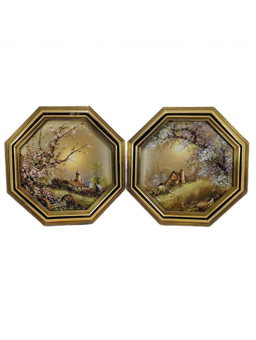 Vtg Gold Octogonal Framed Cottagecore Landscape Prints
